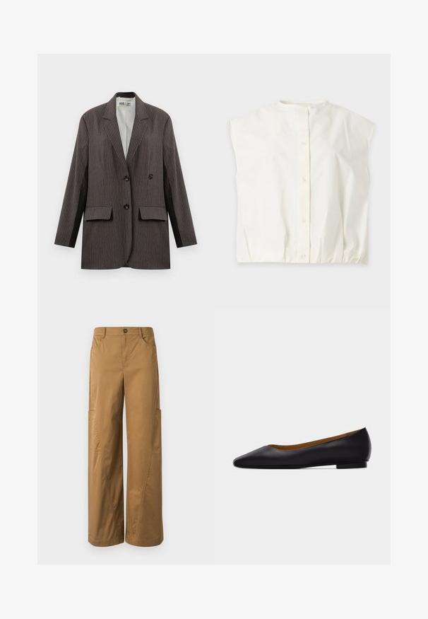 Mørkegrå streeped blazer med dobbeltknapning, to forlommer og notched lapeller, med sorte knapper.; Hvid kortærmet bluse med rund halsudskæring og knaplukning foran, lagt fladt på en lys grå baggrund.; Brune bukser med bred benvidde lavet af bomuld, med knaplukning, sidelommer og markante syninger.; Sort læder flad sko med spids tå, lav hæl og glat finish, vist fra siden på en lysegrå baggrund.