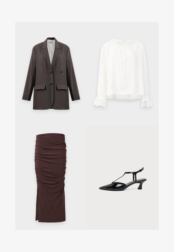 Blazer à rayures en gris foncé, avec un design à double boutonnage, deux poches avant et des revers crantés, orné de boutons noirs.; Blouse blanche à manches longues en tissu lisse, avec un col rond, une fermeture à boutons et des poignets ornés de dentelle. Se fixe avec un lien au cou.; Jupe midi froufrou marron en tissu doux, avec une fente sur le côté et une texture lisse, ornée de détails froncés sur le devant.; Chaussure slingback en cuir verni noir à bout pointu avec bride en T et petit talon bloc incliné sur fond blanc.