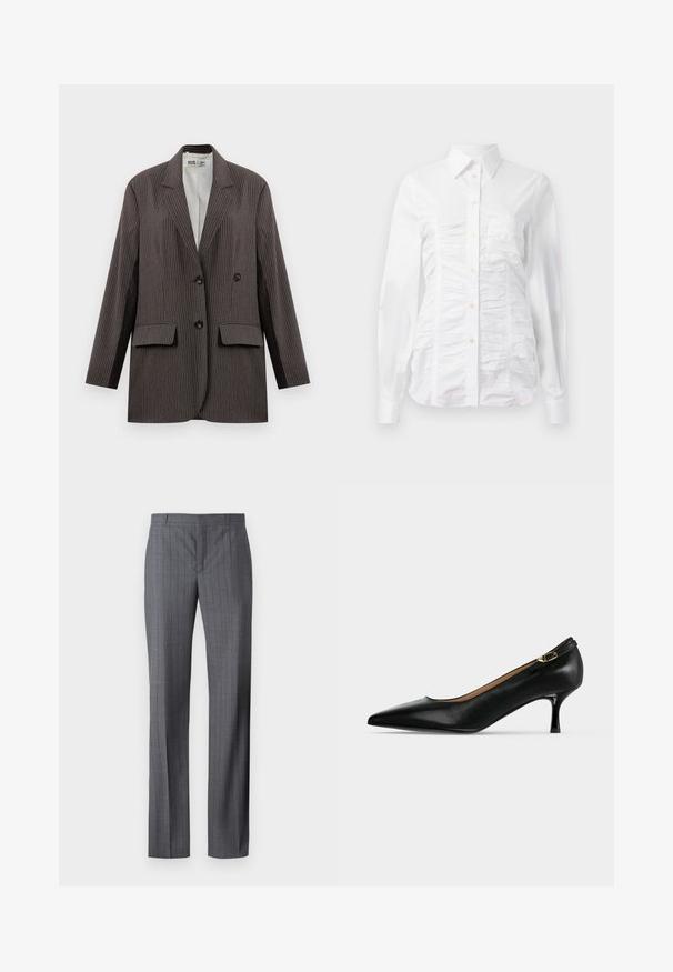 Blazer de rayas en gris oscuro, con un diseño de doble botonadura, dos bolsillos frontales y solapas con muesca, con botones negros.; Camisa blanca de botones con mangas largas, que presenta una textura fruncida en la parte delantera, pequeños botones dorados y un cuello estándar.; Pantalones de rayas grises hechos de una tela suave, con un corte recto, frente plano y sin bolsillos o adornos visibles.; Zapato de tacón bajo tipo pump de cuero negro con punta afilada y pequeña correa con hebilla dorada en la parte trasera sobre un fondo gris claro.