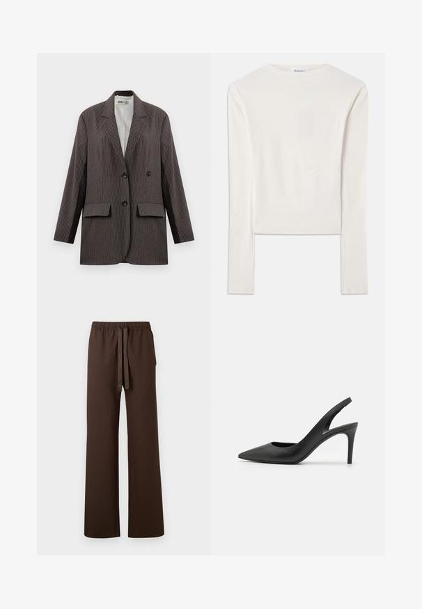 Blazer de rayas en gris oscuro, con un diseño de doble botonadura, dos bolsillos frontales y solapas con muesca, con botones negros.; Camiseta blanca de manga larga hecha de algodón, con un sencillo cuello redondo y un ajuste ceñido. La tela es suave con un ligero estiramiento.; Pantalones de pierna ancha marrones con cintura elástica y cordón ajustable. Presentan bolsillos laterales y una textura suave.; Zapatos de tacón alto de cuero negro con diseño de punta afilada, que presentan un corte en la parte delantera y un delgado tacón de aguja.