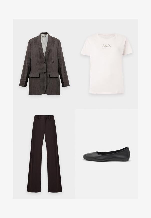 Mørkegrå streeped blazer med dobbeltknapning, to forlommer og notched lapeller, med sorte knapper.; Lyserød bomulds t-shirt med korte ærmer og rund hals, som har et metallic sølvfarvet "ACX ARMANI EXCHANGE" logo på forsiden.; Breddebenede bukser lavet af mørkt stof, med en glat tekstur, bæltestropper og en midtersøm foran, samt et enkelt, udekoreret design.; Sort læderballetsko med rund tå, glat tekstur, minimal syning og et fleksibelt såldesign.