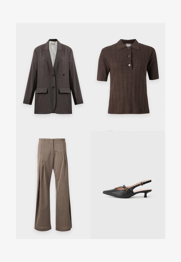 Blazer à rayures en gris foncé, avec un design à double boutonnage, deux poches avant et des revers crantés, orné de boutons noirs.; Polo en maille marron foncé à manches courtes avec côtes verticales, patte à trois boutons et col sur fond uni clair.; Pantalon marron taille haute, coupe large, avec plis à l'avant et fermeture avant dissimulée, présenté sur un fond clair.; Escarpin noir en cuir à bride arrière avec bout pointu, petit talon, design découpé et détail de boucle dorée sur la bride.