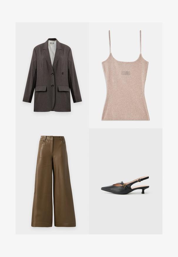 Mørkegrå streeped blazer med dobbeltknapning, to forlommer og notched lapeller, med sorte knapper.; Ribbet, beige top med tynde justerbare stropper. Har en firkantet udskæring og en lille trykt detalje nær midten.; Breddebenede bukser lavet af glat, brun kunstlæder. Har højt talje, fire lommer og en lynlås foran. Flad tekstur og minimalistisk design.; Sort læderslingback-pumpe med spids tå, lav hæl, udskåret design og guldfarvet spænde på remmen.