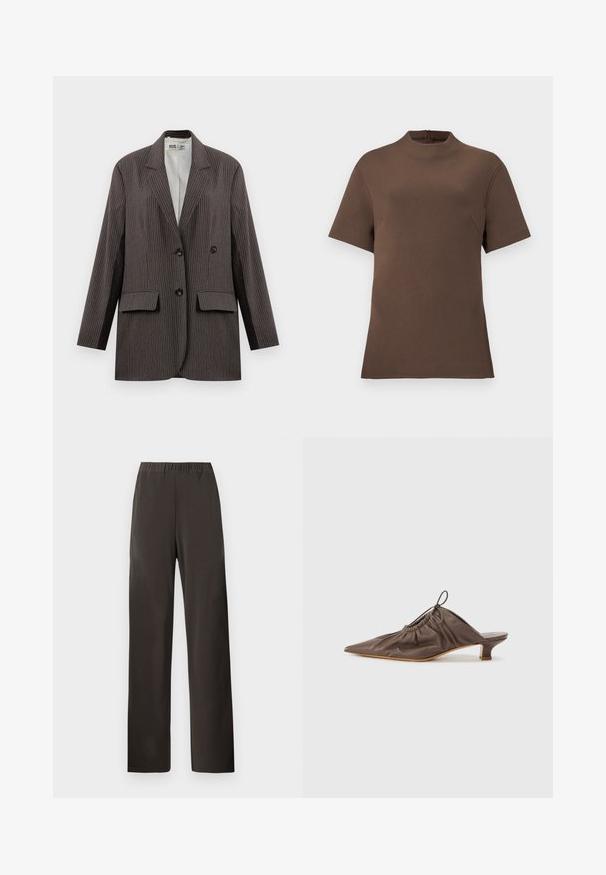 Blazer de rayas en gris oscuro, con un diseño de doble botonadura, dos bolsillos frontales y solapas con muesca, con botones negros.; Top corto marrón de manga corta con cuello alto y cremallera en la parte trasera. Confeccionado con un tejido suave de textura sutil. Cuenta con un bolsillo en la costura lateral.; Pantalones marrón oscuro de corte recto con cintura elástica, sin bolsillos visibles ni adornos, presentados sobre un fondo claro y liso.; Mule de cuero marrón con punta afilada, textura recogida, tacón pequeño y un acento de cordón en la abertura. Acabado suave.