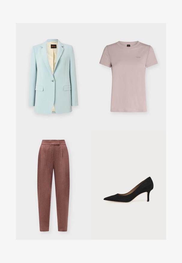 Blazer bleu clair à bouton unique avec revers crantés, poches à rabat et doublure intérieure beige à motif.; T-shirt en coton mauve clair à manches courtes et col rond avec un petit logo brodé "BOSS" sur la poitrine gauche.; Pantalon taille haute fuselé couleur rose poudré avec un devant plat et une fermeture cachée, présenté sur un fond clair uni.; Escarpin en daim noir à bout pointu avec un talon stiletto fin de hauteur moyenne et un design à coupe basse sur un fond uni.