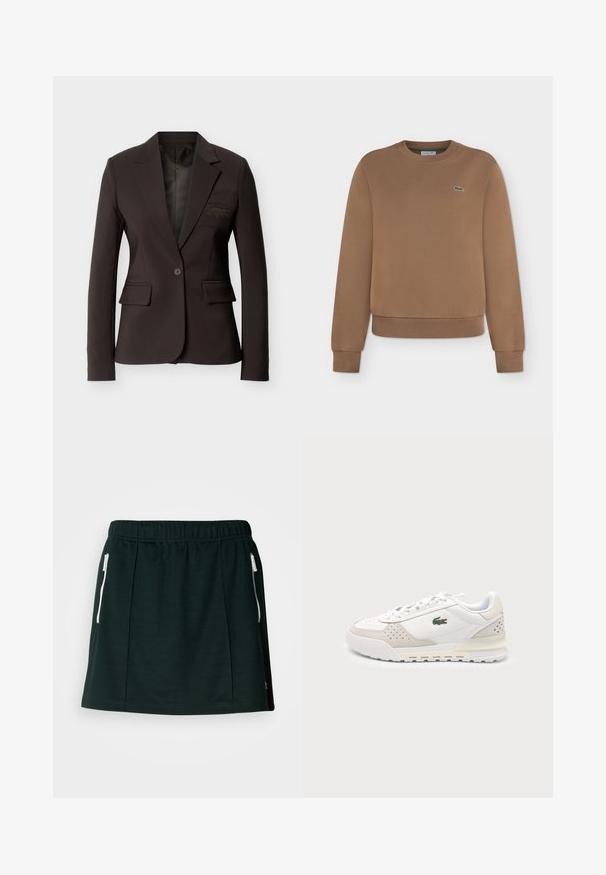 Blazer marron foncé à un bouton, cintré, avec revers crantés, poches à rabat et logo brodé discret sur la poche poitrine.; Sweat-shirt marron à manches longues avec poignets et ourlet côtelés, avec un petit logo crocodile vert sur la poitrine gauche.; Jupe de sport noire en matériau doux, dotée d'une taille élastique, de deux poches zippées sur les côtés et de détails plissés pour une forme structurée.; Baskets basses blanches et beiges avec lacets et logo crocodile vert sur le côté, présentées sur un fond clair.