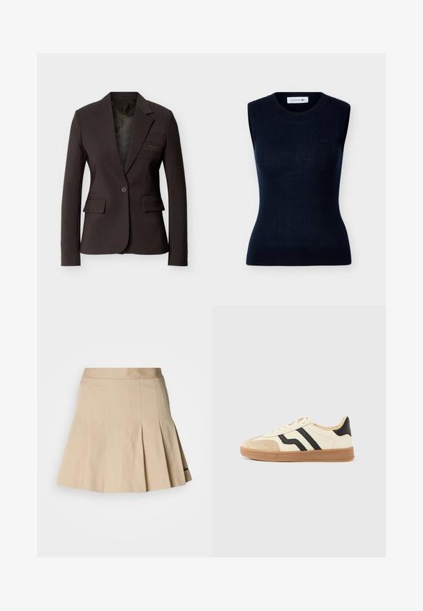 Blazer marron foncé à un bouton, cintré, avec revers crantés, poches à rabat et logo brodé discret sur la poche poitrine.; Haut noir sans manches en maille avec encolure ronde, fines côtes verticales subtilement dessinées, et petit logo Lacoste sur la poitrine gauche.; Jupe plissée beige en tissu mélange de coton. Présente une taille ajustée et un petit logo brodé sur l'ourlet. Texture lisse.; Baskets à lacets avec une tige crème ornée de rayures noires et un bout en daim, complétées par une semelle en caoutchouc marron.