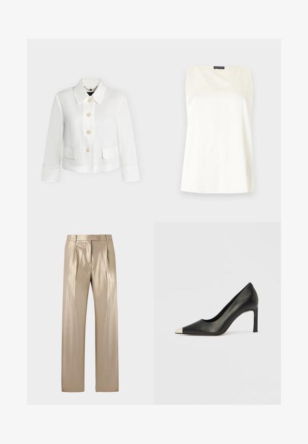 Veste blanche courte avec large col, quatre boutons devant, poches à rabat et manches longues sur fond uni.; Haut blanc sans manches pour femme avec un décolleté carré et une étiquette Emporio Armani au niveau du col arrière.; Pantalon beige brillant avec une coupe ajustée, doté de plis devant, d'une fermeture par bouton et de jambes droites, fabriqué dans un matériau réfléchissant.; Chaussure à talon haut en cuir noir avec bout pointu et capuchon argenté métallique. Présente une finition lisse et un talon fin de 10 cm.