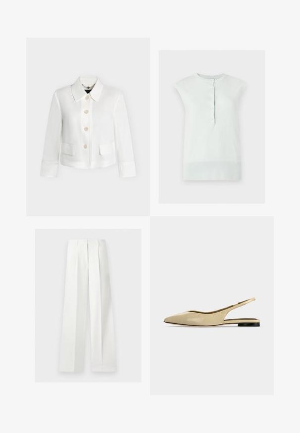 Veste blanche courte avec large col, quatre boutons devant, poches à rabat et manches longues sur fond uni.; Top blanc en maille sans manches avec col et ourlet côtelés, doté d’une patte de boutonnage avant avec cinq boutons.; Pantalon blanc taille haute à jambes larges, confectionné, avec plis devant et fermeture éclair cachée.; Chaussure plate beige à bout pointu avec bride arrière, petit talon noir et finition en cuir lisse, vue de côté sur un fond uni.