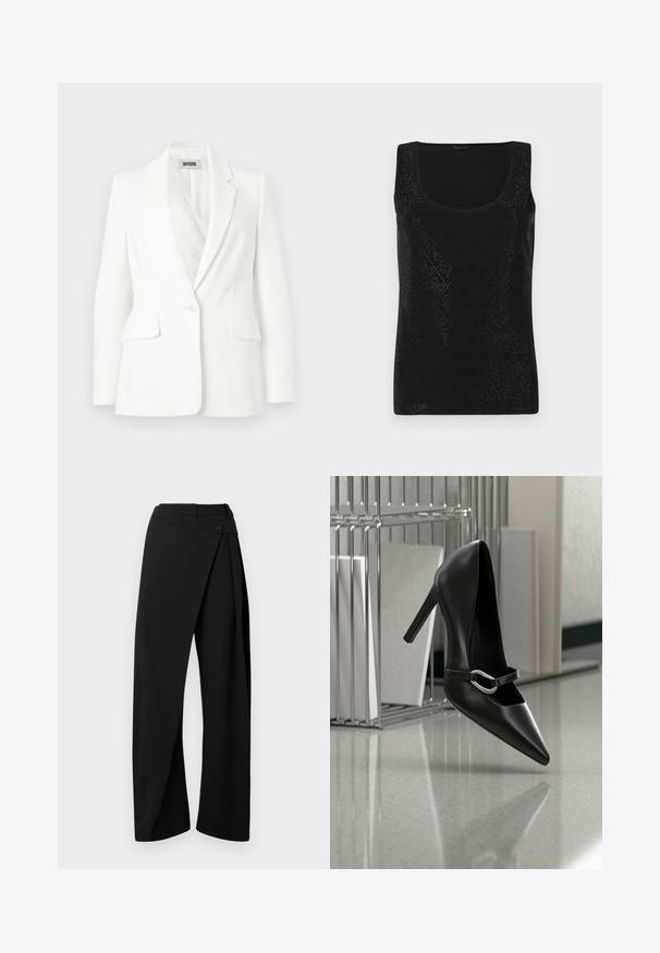 Blazer blanc à un bouton, avec revers crantés, manches longues et deux poches à rabat à l'avant, étiqueté Drykorn.; Débardeur noir sans manches présentant un motif en losanges avec de petites découpes, un col rond et une texture de tissu lisse.; Pantalon large noir avec un panneau avant croisé et une fermeture à bouton à la taille, présenté sur un fond blanc.; Chaussure à talon haut noire pointue avec une bride à boucle argentée, placée sur une surface réfléchissante près d’un organiseur métallique contenant des papiers.
