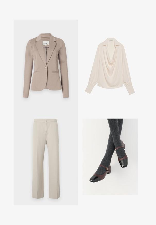 Beige skræddersyet blazer med en enkelt knap, spids flip og to forlommer. Fremstillet af glat stof med medium vægt.; Langærmet bluse med krave i lys crèmefarvet stof, der har en afslappet pasform, opfoldede manchetter og sømløs drapering ved halsudskæringen.; Beige lige ben bukser med flad front og uden synlig hardware eller mønstre. Lavet af glat stof med et rent design.; Burgunderrøde læder Mary Jane-sko med en sort laktoej og tynd ankelrem; båret med mørkegrå ribbede strømper. Lav blokhæl.