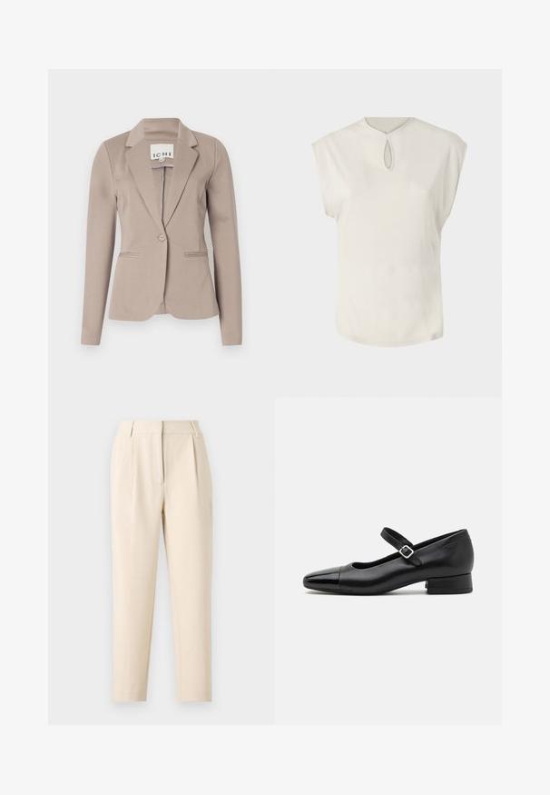 Beige taillierter Blazer mit einem Knopf, Reverskragen und zwei vorderen Taschen. Hergestellt aus glattem Stoff mit mittlerem Gewicht.; Weißes Kurzarmoberteil mit rundem Halsausschnitt und kleinem Schlüssellochdetail vorne. Glatte Textur, lockere Passform und leicht abgerundeter Saum.; Beige maßgeschneiderte Hose mit geradem Schnitt, die vorne Falten und eine glatte Oberfläche aufweist. Der Stoff wirkt leicht und strukturiert.; Schwarze Leder-Mary-Jane-Schuhe mit einer patentierten Zehenkappe, verstellbarem Knöchelriemen und niedrigem Blockabsatz. Glatte Textur und elegantes Design.