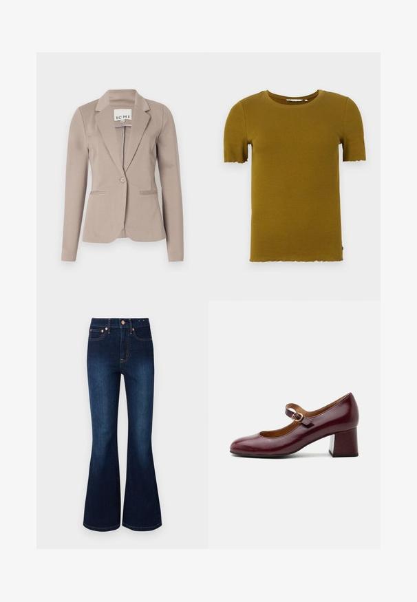 Beige op maat gemaakte blazer met een enkele knoop, notch-revers en twee voorzakken. Gemaakt van gladde stof met een gemiddelde gewicht.; Mosterdgele ribbed short-sleeve t-shirt met een ronde hals en een geschulpte zoom. Zachte textuur en een getailleerd ontwerp. Geen zichtbare hardware of patronen.; Flared donkerblauwe jeans met een hoge taille, gemaakt van denim. Voorzien van koperen hardware en een klassiek vijf-pocket ontwerp. Soepele textuur.; Bordeaux lakleren Mary Jane-schoen met een ronde neus, verstelbare band en een forse blokhak van gemiddelde hoogte.