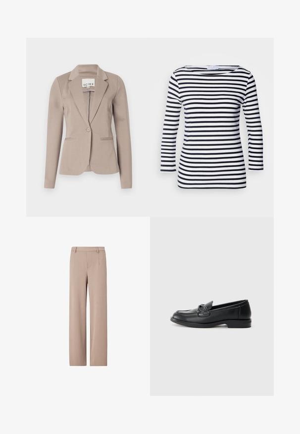 Blazer beige ajusté avec un seul bouton, des revers crantés et deux poches avant. Fabriqué dans un tissu lisse de poids moyen.; Haut à rayures bleu marine et blanc à manches longues avec un décolleté large et un tissu doux et extensible. Présente des rayures horizontales uniformes sur l'ensemble.; Pantalon beige taille haute à jambes larges, avec passants de ceinture, plis devant et fermeture avant dissimulée.; Mocassins en cuir noir avec un bout arrondi, un design cousu et un accent en nœud sur la tige. Talon bas et texture lisse.