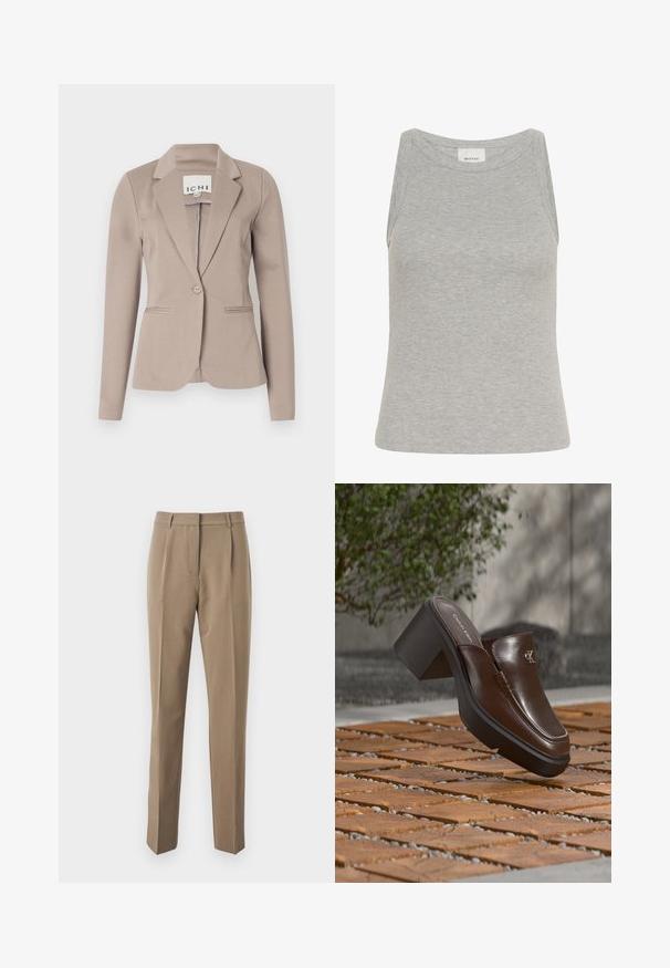 Blazer beige ajusté avec un seul bouton, des revers crantés et deux poches avant. Fabriqué dans un tissu lisse de poids moyen.; Débardeur gris côtelé avec un col rond et un design sans manches. Fabriqué en tissu doux, il présente une silhouette ajustée et des coutures minimales.; Pantalons tailleur marron en tissu lisse, présentant une coupe droite, des plis avant et une taille avec passants de ceinture.; Mule à talon en cuir marron Calvin Klein flottant au-dessus d'un sol en carrelage en bois avec en arrière-plan une plante verte et un mur flous.