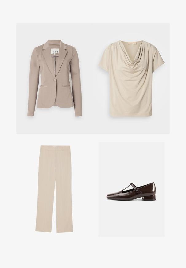 Blazer beige ajusté avec un seul bouton, des revers crantés et deux poches avant. Fabriqué dans un tissu lisse de poids moyen.; Top beige à manches courtes avec un col drapé. Tissu doux et léger avec une texture lisse et une coupe décontractée. Étiquette visible au niveau du col.; Pantalons larges beige avec une texture lisse, présentant une coupe ajustée, deux poches avant et un léger pli le long des jambes.; Chaussures Mary Jane en cuir verni marron avec un bout arrondi, un design ajouré et une bride réglable. Talon bas bloc.