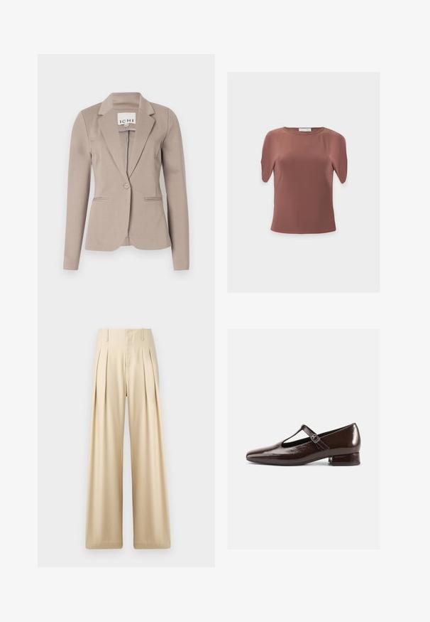 Beige skræddersyet blazer med en enkelt knap, spids flip og to forlommer. Fremstillet af glat stof med medium vægt.; Kortærmet, brun, rundhalset damebluse med en glat tekstur og et mærke med teksten "Anna Field" på nakken bagtil.; Beige bredde-bukser lavet af et glat stof. Har skarpe plisseringer, høj talje og subtile syninger for et skræddersyet look.; Brune Mary Jane-sko i laklæder med en rundet tå, udskæringsdesign og justerbar rem. Lav blokhæl.