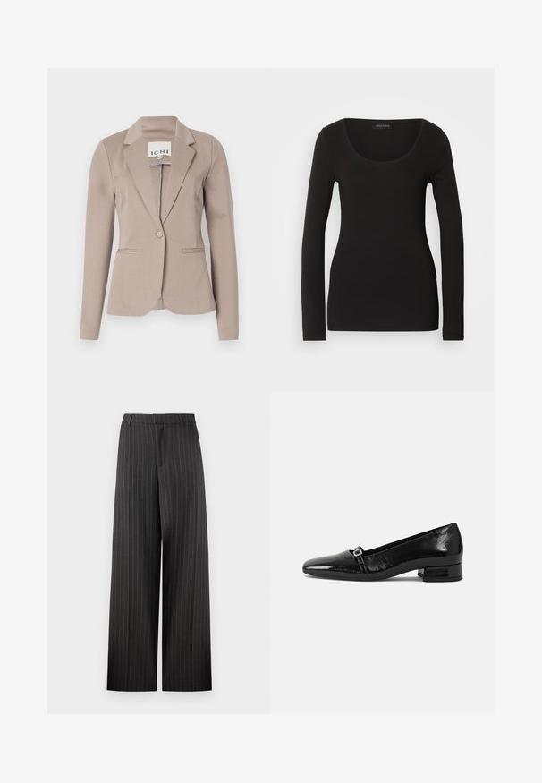 Beige skræddersyet blazer med en enkelt knap, spids flip og to forlommer. Fremstillet af glat stof med medium vægt.; Sort langærmet top med en rund halsudskæring, lavet af blødt, strækbart stof. Har en tætsiddende pasform og glat tekstur. Brandlabel synlig.; Copenhagen Muse TAILOR PANTS - Bukser - black/red pear; Sorte patentlæder balletflade med spids tå, lav firkantet hæl og en lille metallisk spænde detalje på remmen. Glat tekstur.