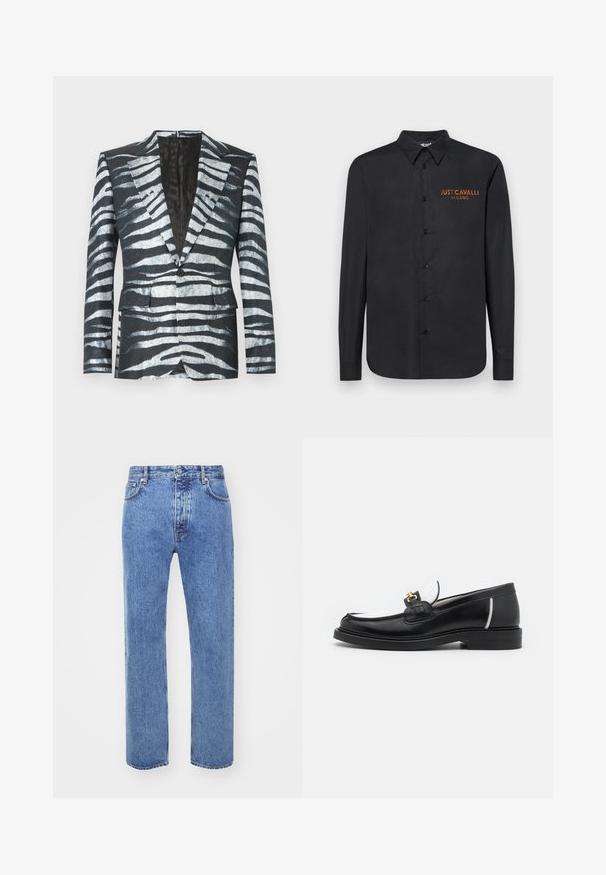 Sort blazer med zebrastribemønster i hvid og grå, enkelt knaplukning, to frontlommer og en kontrasterende inderfor.; Sort langærmet skjorte lavet af glat stof, med knaplukning foran, spidse kraver og orange broderet logo "JUST CAVALLI MILANO" på brystet.; Won Hundred STEVE - Jeans Relaxed Fit - cut blue; Sort læder loafers med rund tå, hvide detaljer og guldbelagte metaldele på vamps. Har et struktureret patch og stablet hæl.
