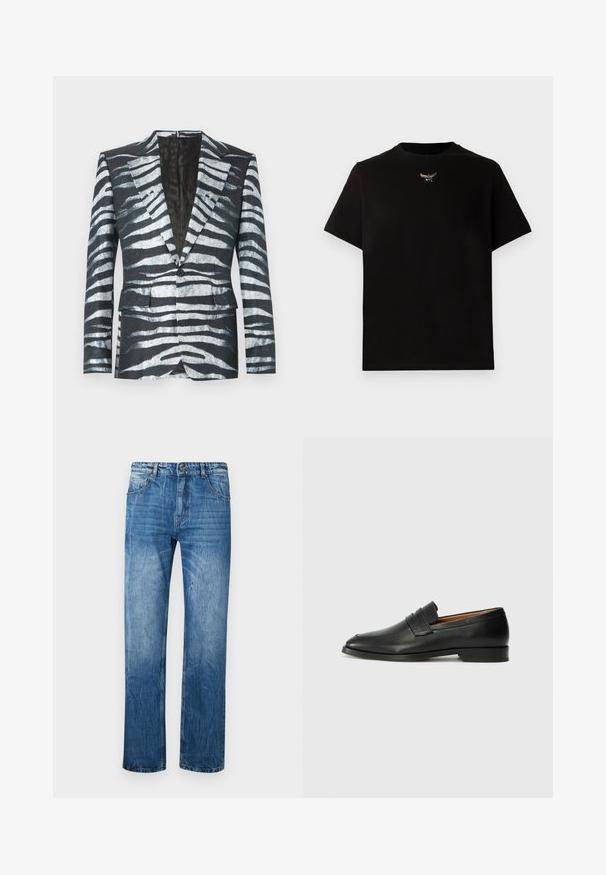 Sort blazer med zebrastribemønster i hvid og grå, enkelt knaplukning, to frontlommer og en kontrasterende inderfor.; Sort bomulds T-shirt med korte ærmer, rund halsudskæring og en sølvlogo detalje på brystet. Glat tekstur og afslappet pasform.; Blå denim jeans med lige fit, der har fem lommer, bæltestropper og subtilt slid på stoffet.; Sort læder loafer med rund tå, diskret syning, og lav hæl, der har en glat tekstur og minimalistisk design.