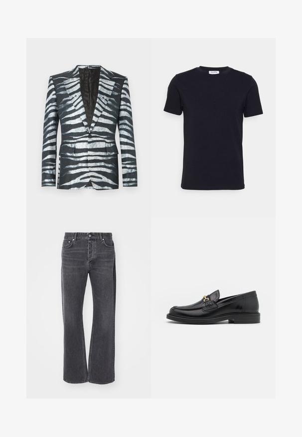 Sort blazer med zebrastribemønster i hvid og grå, enkelt knaplukning, to frontlommer og en kontrasterende inderfor.; Sort kortærmet t-shirt med rund hals og et lille hvidt mærke indeni halsudskæringen.; Sorte højtaljede jeans med løs, bred ben-design. Lavet af denim, med subtil falmning og for- og baglommer.; Sorte læder loafers med en rund tå, der har guld hardware accent og syningsdetaljer, placeret på en lav, tekstureret gummisål.