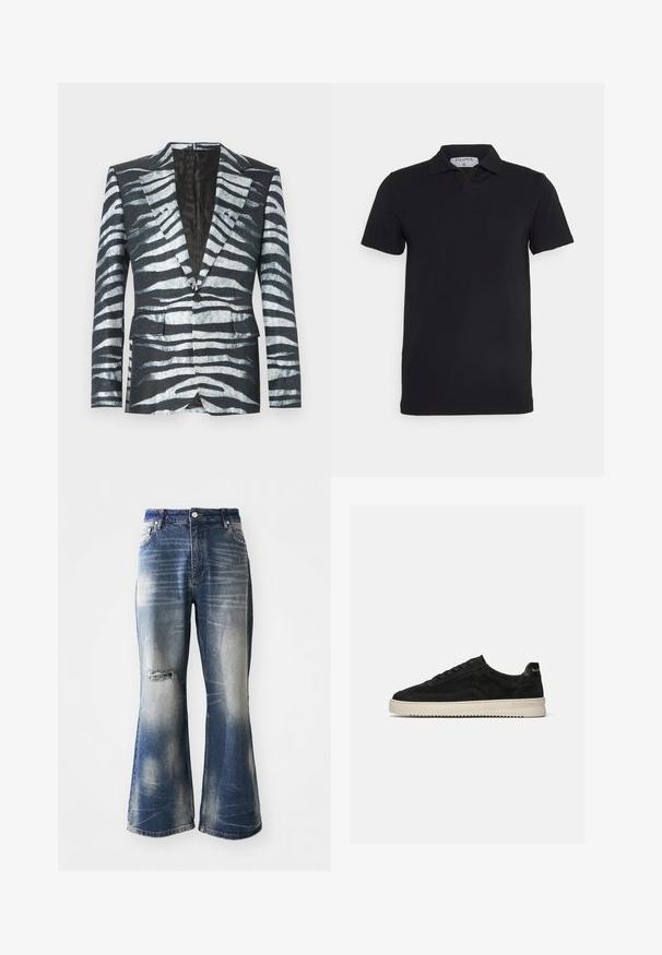 Sort blazer med zebrastribemønster i hvid og grå, enkelt knaplukning, to frontlommer og en kontrasterende inderfor.; Sort kortærmet polo-shirt med klassisk krave, lavet af glat stof. Har et mærke med brandnavnet 'Filippa K' ved halsudskæringen.; Blå flagrende jeans med falmede områder og slidte knædetaljer. Lavet af denim, med knaplukning og fem-lomme design.; Sort ruskind lav-sneaker med sorte snørebånd og hvid gummisål, sidevisning på ensartet lys grå baggrund.