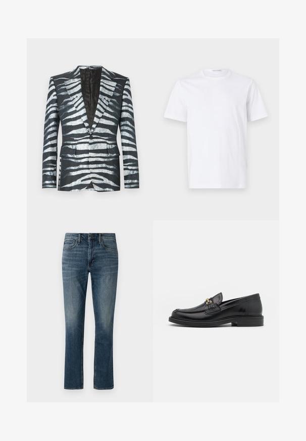 Sort blazer med zebrastribemønster i hvid og grå, enkelt knaplukning, to frontlommer og en kontrasterende inderfor.; Hvid bomulds t-shirt med rund halsudskæring og korte ærmer. Glat tekstur, lige snit og minimalistisk design uden mønstre eller accenter.; Mørkeblå denimjeans med lige ben. Funktionen inkluderer forlommer, en knaplukning og diskrete slidmærker nær lårene.; Sorte læder loafers med en rund tå, der har guld hardware accent og syningsdetaljer, placeret på en lav, tekstureret gummisål.
