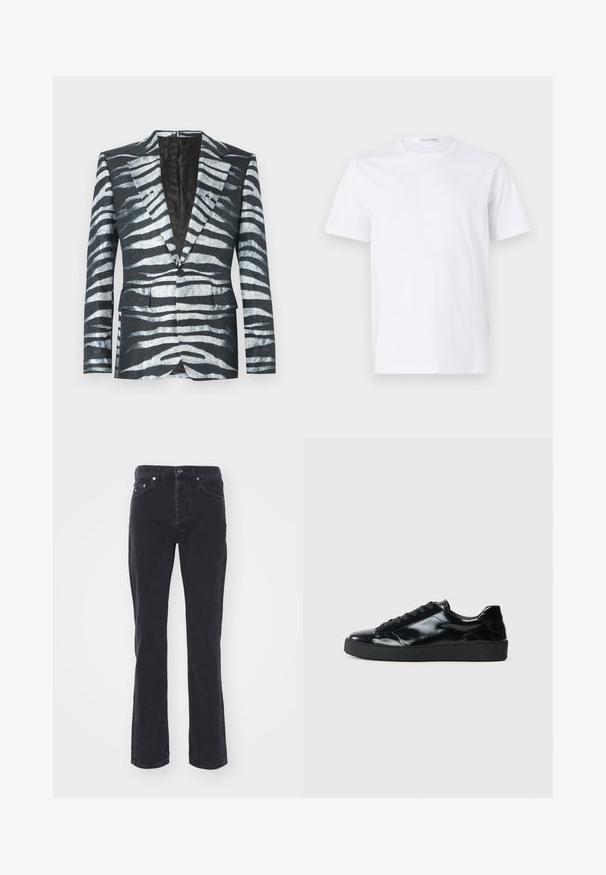 Sort blazer med zebrastribemønster i hvid og grå, enkelt knaplukning, to frontlommer og en kontrasterende inderfor.; Hvid bomulds t-shirt med rund halsudskæring og korte ærmer. Glat tekstur, lige snit og minimalistisk design uden mønstre eller accenter.; Sorte denimjeans med lige ben-design, der har fem lommer og knappelukning. Stoffet har en subtil tekstur og en robust overflade.; Sorte laklæder sneakers med rund tå, snørredesign, tekstureret gummisål og en glat overflade.