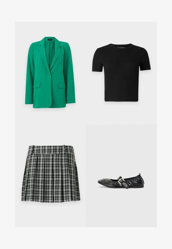 Blazer vert à un bouton avec revers crantés, manches longues et poches à rabat sur le devant, sur fond blanc.; T-shirt noir ajusté à manches courtes, texture côtelée et col rond. Design simple, sans logo ni ornement visible.; Jupe plissée à carreaux noir et blanc avec une taille lisse et de multiples plis verticaux. Fabriquée en tissu léger.; Chaussure plate en cuir noir avec un nez pointu, des détails froncés autour de l'ouverture et un accent en boucle argentée sur la bride ajustable.