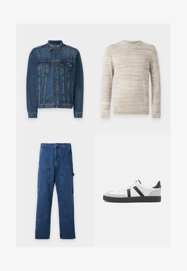 Veste en denim bleu foncé, avec une fermeture à boutons sur le devant, deux poches poitrine et des coutures décoratives le long des coutures et des poignets. Style de col standard.; Pull en tricot beige avec un motif rayé texturé. Col rond et manches longues avec des poignets et un ourlet côtelés. Matériau doux et léger.; Pantalons cargo en denim bleu avec une jambe droite, deux grandes poches latérales et une fermeture à bouton à la taille. Texture robuste et design structuré.; Baskets blanches avec des accents noirs et gris, présentant un embout texturé gris, une semelle en caoutchouc noir et des lacets plats blancs. Design épuré, style minimaliste.