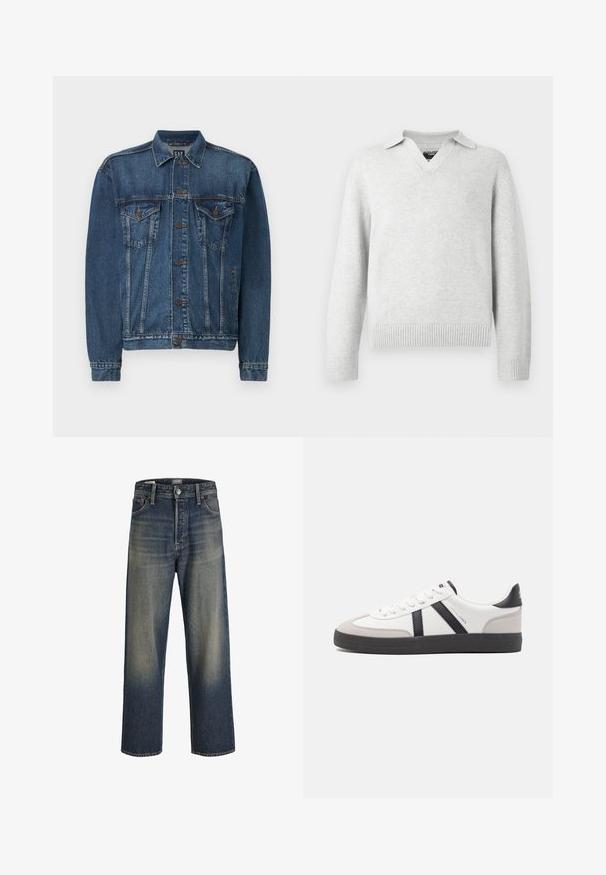 Denimjakke i mørkeblå, med knap-åbning foran, to brystlommer og syede detaljer langs sømme og manchetter. Standard krave.; Lys grå striktrøje med V-hals og kravedesign. Ribstrikkede manchetter og kant, med en blød tekstur og afslappet pasform.; Bredde ben jeans i mørkeblå denim med en gradient finish, der har en knaplukning, fem lomme-design og strukturerede syninger.; Hvide sneakers med sorte og grå detaljer, med en tekstureret grå tåhætte, sort gummisål og flade hvide snørebånd. Rent design, minimalistisk stil.