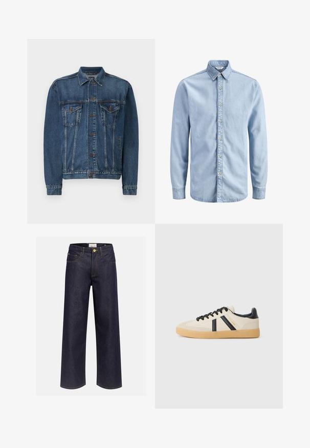Denimjakke i mørkeblå, med knap-åbning foran, to brystlommer og syede detaljer langs sømme og manchetter. Standard krave.; Lyseblå denimskjorte med lange ærmer, knappet krave og en række af syv beige knapper ned foran.; Mørkeblå denimjeans med bredt ben, høj talje, forlommer, bæltestropper og synlig gul syning, vist mod en ensfarvet baggrund.; Casual sneakers i creme med sorte striber, med en tekstureret overdel og sål i gummigummi. Snørebåndene er sorte. Diskret logo på siden.