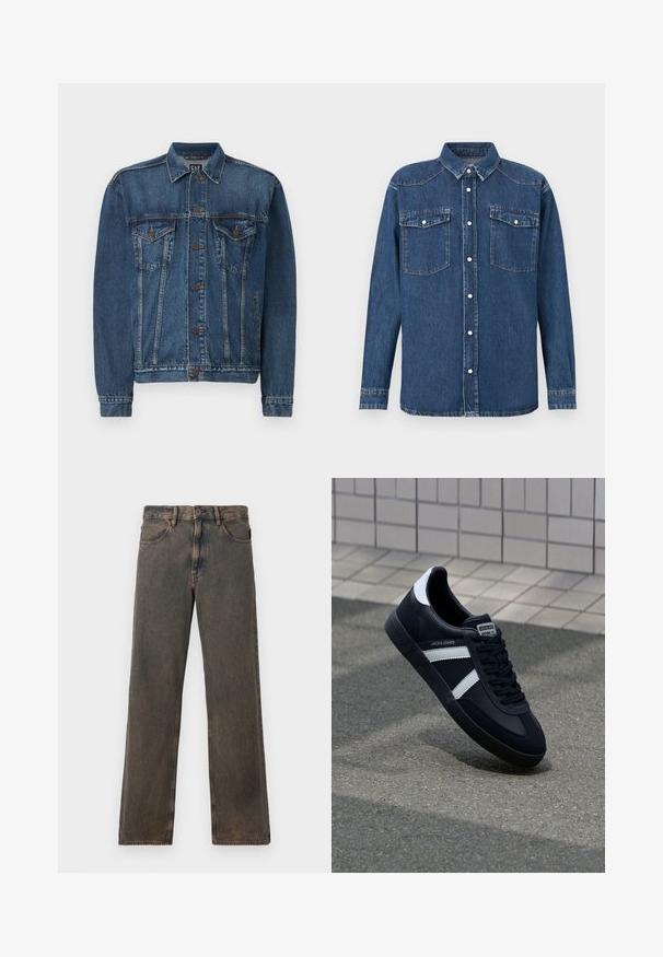 Chaqueta de denim en azul oscuro, con cierre de botones al frente, dos bolsillos en el pecho y costuras decorativas a lo largo de las costuras y los puños. Estilo de cuello estándar.; Camisa vaquera en azul oscuro, con cierre de botones en la parte delantera, cuello puntiagudo, dos bolsillos en el pecho y mangas largas con puños abotonados.; Jeans rectos de lavado marrón con bolsillos frontales, cierre de botón y presillas para cinturón, exhibidos sobre un fondo blanco.; Zapatilla de cuero negra con rayas blancas, suela de goma texturizada y parte frontal con cordones. Cuenta con una etiqueta de marca en la lengüeta.