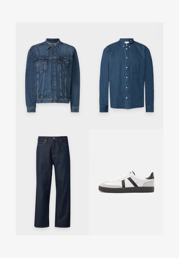 Chaqueta de denim en azul oscuro, con cierre de botones al frente, dos bolsillos en el pecho y costuras decorativas a lo largo de las costuras y los puños. Estilo de cuello estándar.; Camisa de mezclilla azul oscuro con botones, mangas largas, un bolsillo delantero a la izquierda y cuello abotonado, mostrada sobre un fondo blanco.; Abercrombie & Fitch BAGGY RAW - Vaqueros baggy - blue denim; Zapatilla blanca con acentos en negro y gris, que presenta una puntera texturizada en gris, suela de goma negra y cordones planos blancos. Diseño limpio, estilo minimalista.