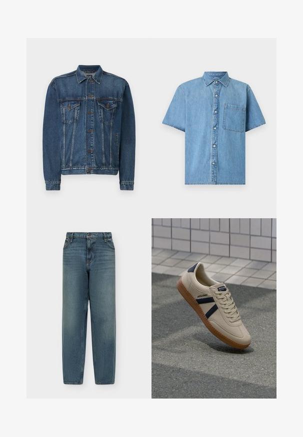 Veste en denim bleu foncé, avec une fermeture à boutons sur le devant, deux poches poitrine et des coutures décoratives le long des coutures et des poignets. Style de col standard.; Chemise en denim bleu clair manches courtes avec boutons devant et une poche poitrine unique sur le côté gauche, présentée à plat.; Jean en denim bleu avec une taille haute et des jambes droites, doté de poches avant, passants pour ceinture et fermeture par bouton.; Baskets beiges avec une finition texturée, bandes navy et semelle en caoutchouc. Équipées d'une languette rembourrée et d'un système de laçage traditionnel pour un maintien sécurisé.