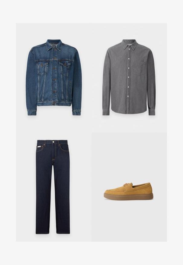 Veste en denim bleu foncé, avec une fermeture à boutons sur le devant, deux poches poitrine et des coutures décoratives le long des coutures et des poignets. Style de col standard.; Chemise à manches longues grise à boutons, en tissu doux, avec un col classique, une poche poitrine et une fermeture à boutons standard.; Jean en denim bleu foncé avec une coupe droite, un design classique à cinq poches et des coutures orange contrastantes. Comprend une fermeture à bouton en métal.; Chaussures slip-on en suède marron avec une finition texturée, un bout rond et une semelle en caoutchouc contrastante. Présente une marque discrète près du talon.