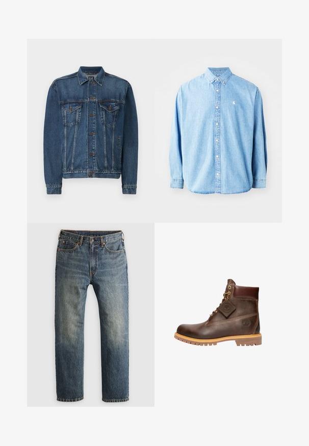 Veste en denim bleu foncé, avec une fermeture à boutons sur le devant, deux poches poitrine et des coutures décoratives le long des coutures et des poignets. Style de col standard.; Chemise en denim bleu clair à boutons avec manches longues, col pointu et petit logo sur la poitrine gauche. Offre une coupe décontractée et un design classique.; Jeans en denim bleu délavé à jambes droites avec poches avant, passants de ceinture, bouton et fermeture à glissière sur un fond clair.; Bottine en cuir marron avec un bout rond, une semelle robuste, des éléments en doré et un dessus texturé. Comprend une étiquette de logo attachée.