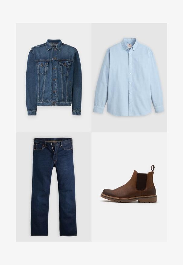 Donkerblauwe denimjack, met een knoopsluiting aan de voorkant, twee borstzakken en gestikte details langs de naden en mouwen. Standaard kraagstijl.; Lichtblauw overhemd met lange mouwen, knoopsluiting, button-down kraag en een enkele borstzak, plat liggend op een grijze achtergrond.; Donkere blauwe denim jeans met een rechte pijp, vijf zakken en gouden stiksels. Voorzien van een knoopsluiting en koperen klinknagels. Gladde textuur.; Pier One by Zalando Lage laarzen - tan