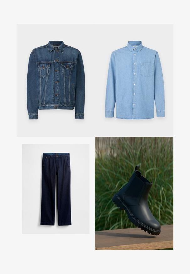 Chaqueta de denim en azul oscuro, con cierre de botones al frente, dos bolsillos en el pecho y costuras decorativas a lo largo de las costuras y los puños. Estilo de cuello estándar.; Camisa de mezclilla azul claro de manga larga con un bolsillo frontal, cierre de botones y cuello clásico sobre un fondo blanco.; Pantalones de mezclilla azul marino con corte recto, con dos bolsillos delanteros, detalles en metal y un acabado suave.; Bota negra de cuero hasta el tobillo con tirador y paneles laterales elásticos flotando sobre una superficie de madera, con hierba verde desenfocada en el fondo.