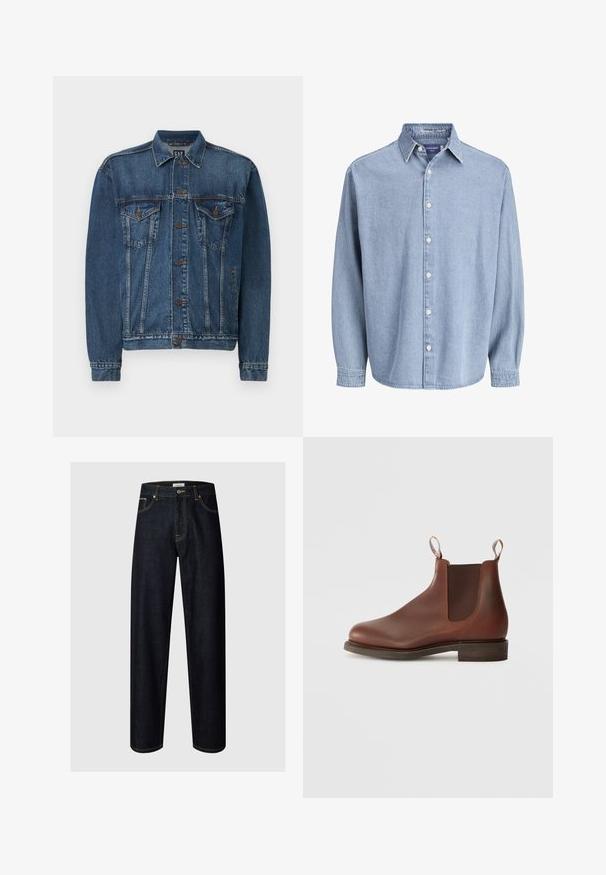 Chaqueta de denim en azul oscuro, con cierre de botones al frente, dos bolsillos en el pecho y costuras decorativas a lo largo de las costuras y los puños. Estilo de cuello estándar.; Camisa de mezclilla de manga larga color azul claro con cuello y botones blancos, presentada sobre un fondo blanco liso.; Vaqueros vaqueros azul oscuro de pierna recta con botón delantero, cremallera, presillas para cinturón y costuras visibles en los bolsillos y las costuras.; Botín Chelsea de cuero marrón con paneles elásticos en los laterales, tirador y un tacón bajo apilado. Textura suave con puntera redondeada y detalles mínimos.