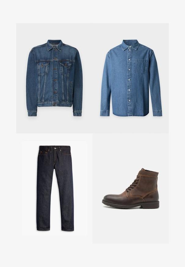 Donkerblauwe denimjack, met een knoopsluiting aan de voorkant, twee borstzakken en gestikte details langs de naden en mouwen. Standaard kraagstijl.; Blauw denim overhemd met lange mouwen, knopen, kraag en één borstzak op een effen lichte achtergrond.; Donkerblauwe spijkerbroek met een rechte pasvorm, vijf zakken, koperen klinknagels, gele stiksels en een duidelijke textuur in de stof.; Jack & Jones JFWDELANEY BOOT - Veterboots - cognac