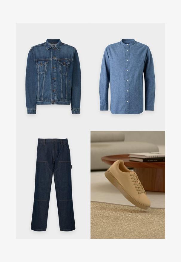 Denimjakke i mørkeblå, med knap-åbning foran, to brystlommer og syede detaljer langs sømme og manchetter. Standard krave.; Blå langærmet skjorte med knapper og stående krave samt hvide knapper, vist mod en lys baggrund.; Mørkeblå denim arbejdspants med lige ben, forstærkede knælapper, sidelommer, bæltestropper og lukning foran med knap.; Beige snørestøvler, der svæver over et tekstureret tæppe med et træ sofabord og stablede bøger i en sløret baggrund.