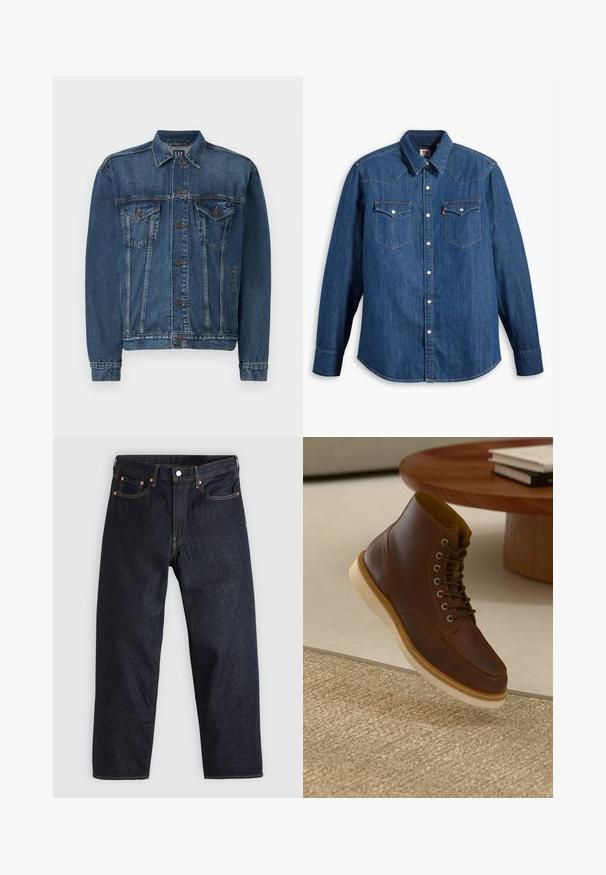 Veste en denim bleu foncé, avec une fermeture à boutons sur le devant, deux poches poitrine et des coutures décoratives le long des coutures et des poignets. Style de col standard.; Chemise en denim bleu marine à manches longues, col pointu et boutons-pression. Dispose de deux poches poitrine avec rabats et couture contrastante.; Jean en denim bleu foncé avec une coupe droite, cinq poches, des coutures orange contrastantes et une fermeture à boutons. Pas de motifs ou d'ornements visibles.; Bottine en cuir marron avec semelle beige sur un tapis beige texturé à côté d'une table ronde en bois avec des livres empilés.