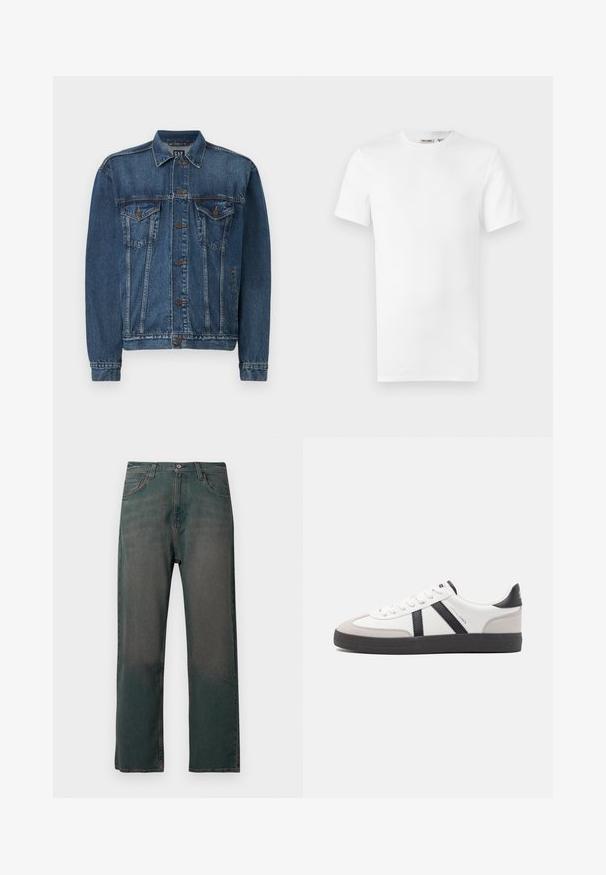 Veste en denim bleu foncé, avec une fermeture à boutons sur le devant, deux poches poitrine et des coutures décoratives le long des coutures et des poignets. Style de col standard.; T-shirt blanc uni à manches courtes et col rond, avec une petite étiquette de marque à l'intérieur du col, présenté sur un fond blanc.; Jean en denim vert foncé avec une coupe droite, doté d'un design classique à cinq poches et de coutures contrastantes le long des coutures.; Baskets blanches avec des accents noirs et gris, présentant un embout texturé gris, une semelle en caoutchouc noir et des lacets plats blancs. Design épuré, style minimaliste.