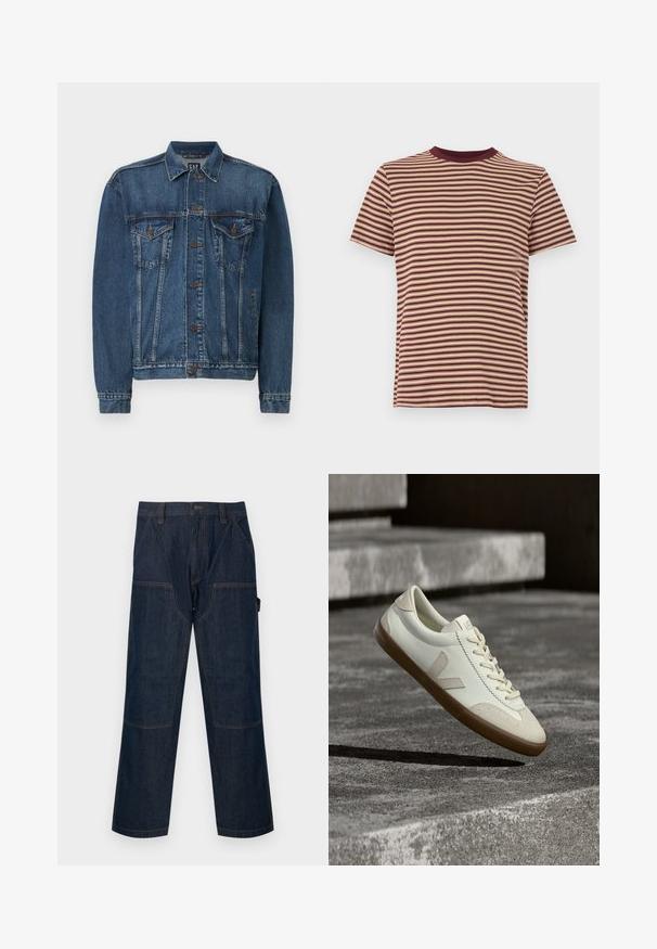 Veste en denim bleu foncé, avec une fermeture à boutons sur le devant, deux poches poitrine et des coutures décoratives le long des coutures et des poignets. Style de col standard.; T-shirt en coton à manches courtes avec un motif de fines rayures horizontales en marron et beige, doté d'un col rond marron.; Pantalon de travail en denim bleu foncé avec jambes droites, genoux renforcés, poches latérales, passants de ceinture et fermeture avant par boutons.; Baskets en cuir blanc avec semelle en caoutchouc beige, lacets plats et accent en forme de V sur le côté. Présentent une surface lisse et peu de détails de couture.