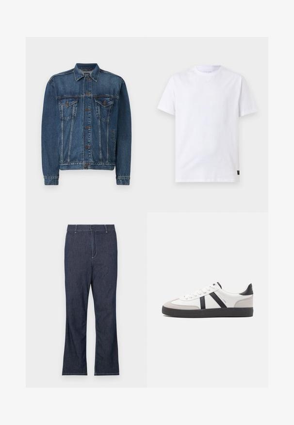 Chaqueta de denim en azul oscuro, con cierre de botones al frente, dos bolsillos en el pecho y costuras decorativas a lo largo de las costuras y los puños. Estilo de cuello estándar.; Camiseta blanca lisa de manga corta con cuello redondo y una pequeña etiqueta negra de cuidado en el bajo, sobre un fondo gris claro.; Vaqueros de mezclilla azul oscuro con diseño de pierna recta, que cuentan con cierre de botones y costuras blancas contrastantes en los bolsillos y las costuras.; Zapatilla blanca con acentos en negro y gris, que presenta una puntera texturizada en gris, suela de goma negra y cordones planos blancos. Diseño limpio, estilo minimalista.