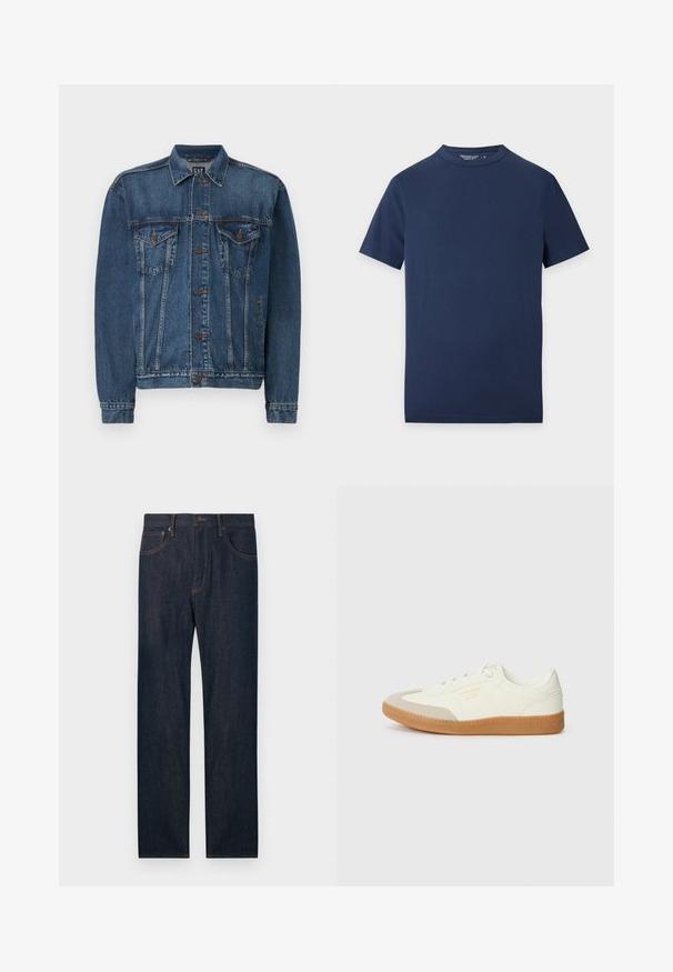 Veste en denim bleu foncé, avec une fermeture à boutons sur le devant, deux poches poitrine et des coutures décoratives le long des coutures et des poignets. Style de col standard.; T-shirt uni bleu marine à manches courtes et col rond, posé à plat sur un fond gris clair.; Jean en denim bleu foncé à jambes droites avec poches avant et arrière, un bouton et des passants pour ceinture.; Baskets en cuir blanc avec une coque beige et une semelle en caoutchouc marron clair. Dotées de lacets blancs plats et d'un logo embossé sur le côté.