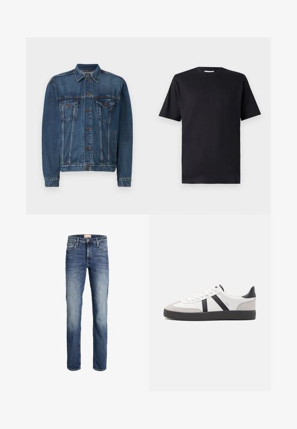 Dunkelblaue Jeansjacke mit Knopfverschluss, zwei Brusttaschen und genähten Details an Nähten und Bündchen. Klassischer Kragenstil.; Schwarzes kurzärmliges T-Shirt aus Baumwolle mit einem Rundhalsausschnitt und klassischem Schnitt, ohne Muster oder sichtbare Markenlogo.; Gerade geschnittene blaue Jeans mit leichter Ausbleichung an Oberschenkeln und Knien, Frontknopf- und Reißverschluss, sowie Fünf-Taschen-Design.; Weiße Sneaker mit schwarz- und grau-aczenten, ausgestattet mit einer strukturierten grauen Zehenkappe, schwarzer Gummi-Sohle und flachen weißen Schnürsenkeln. Sauberes Design, minimalistische Stil.
