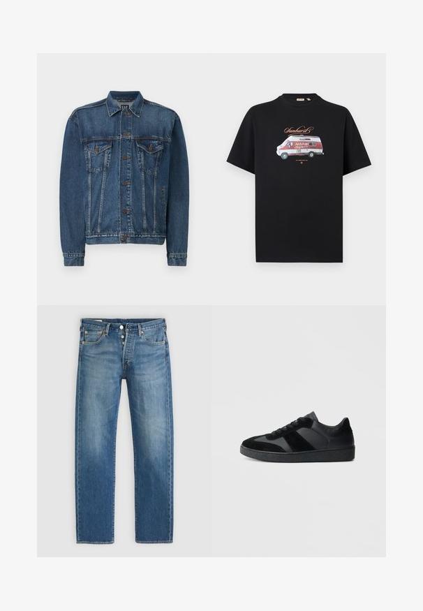 Donkerblauwe denimjack, met een knoopsluiting aan de voorkant, twee borstzakken en gestikte details langs de naden en mouwen. Standaard kraagstijl.; Zwart T-shirt met een afbeelding van een rood-witte camperbus en de tekst "Sunburst" en "Art & Design Studio" op het midden van de voorkant.; Lichte blauwe denim jeans met een rechte snit, voorzien van vijf zakken, een metalen knoopsluiting en contrasterende gele stiknaad.; Zwarte sneakers met een mix van glad leer en suède, een gestructureerde zwarte rubberen zool en subtiele streepdetails.