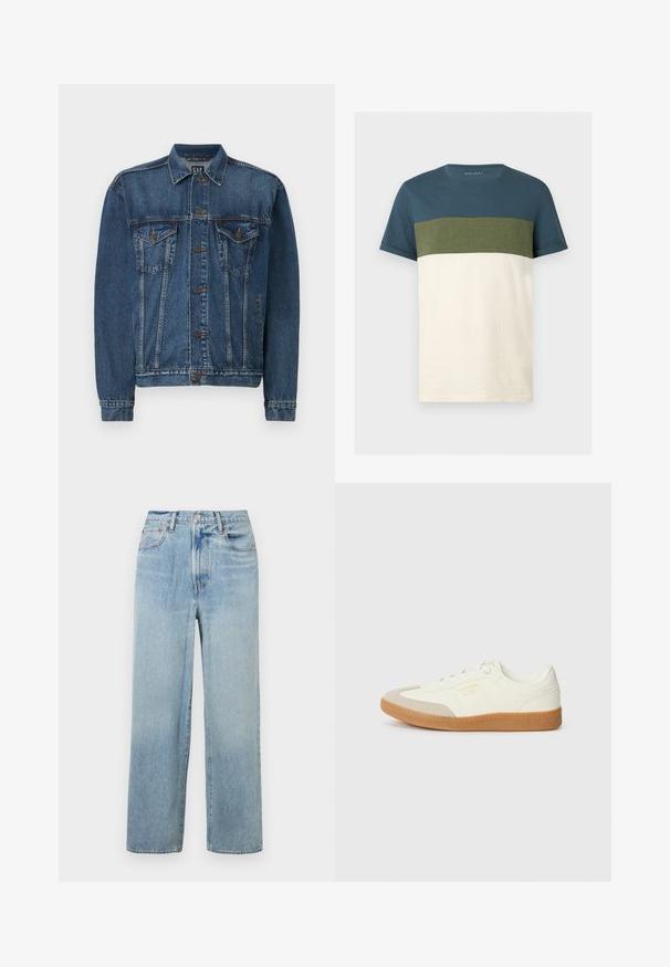 Chaqueta de denim en azul oscuro, con cierre de botones al frente, dos bolsillos en el pecho y costuras decorativas a lo largo de las costuras y los puños. Estilo de cuello estándar.; Camiseta de hombre de manga corta con cuello redondo y bloques de color en verde azulado oscuro, verde oliva y blanco roto.; Jeans de mezclilla de pierna recta de color azul claro, con una cintura alta, que cuentan con cinco bolsillos y un sutil desvanecimiento. Dobladillo sin rematar y detalles de costura en contraste.; Zapatilla de cuero blanca con puntera beige y suela de goma marrón claro. Presenta cordones planos blancos y una marca en relieve en el lateral.